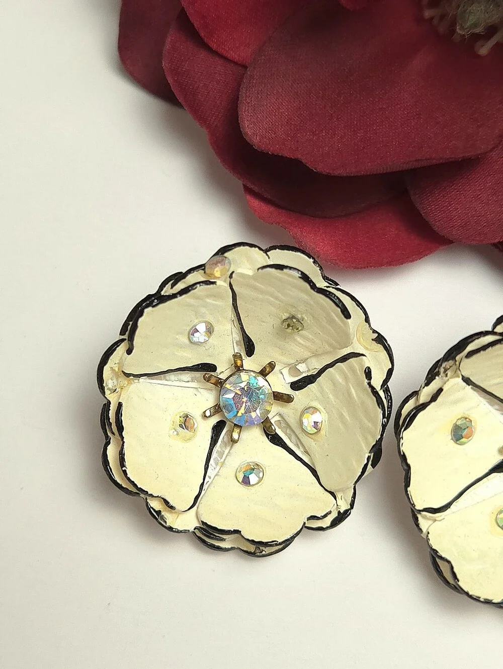Vintage Handmade Acrylic Flower Petal Aurora Borealis Crystal Earrings Clip On